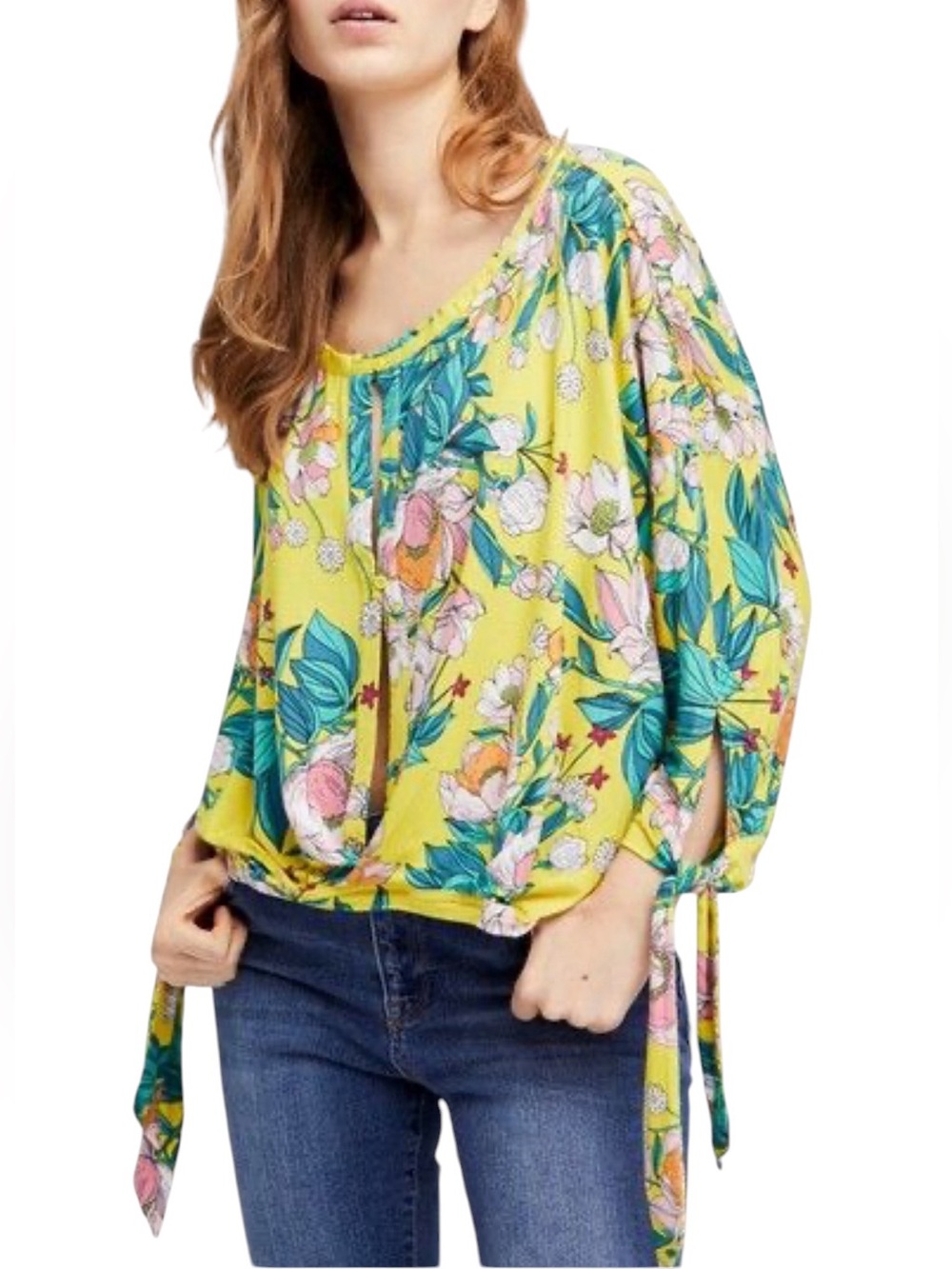 Free People Keepin' On Tee in lemon yellow tropical boho oversized drapey
